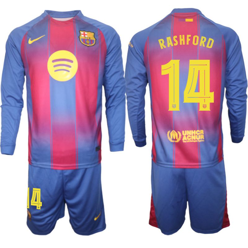 Men 2025-2026 Club Barcelona home blue Long sleeves #14 Soccer Jersey
